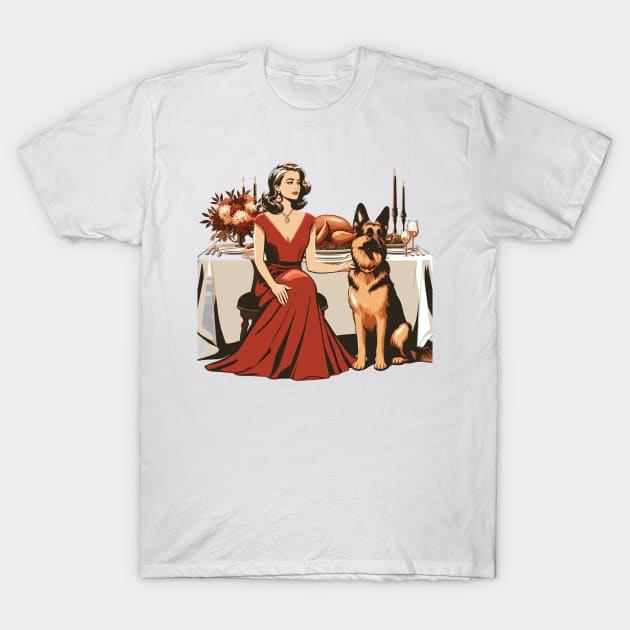 Lady And German Shepherd Thanksgiving T-Shirt by Graceful Designs